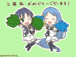 Rule 34 | 10s, 2girls, ^ ^, blue hair, chibi, elbow gloves, closed eyes, gloves, gradient hair, green eyes, hair ribbon, highres, kantai collection, long hair, mae (maesanpicture), multicolored hair, multiple girls, one eye closed, pom pom (cheerleading), ribbon, sailor collar, samidare (kancolle), skirt, suzukaze (kancolle), thighhighs, twintails, twitter username, very long hair