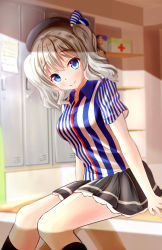 Rule 34 | 10s, 1girl, absurdres, blue eyes, breasts, employee uniform, hat, highres, kantai collection, kashima (kancolle), lawson, poyi (max30788), silver hair, smile, solo, twintails, uniform, wavy hair