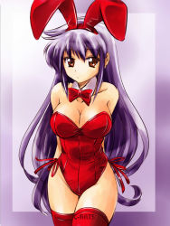 Rule 34 | 1girl, animal ears, arms behind back, bare shoulders, bow, bowtie, breasts, cleavage, detached collar, fake animal ears, female focus, large breasts, leotard, long hair, looking at viewer, maguta, original, playboy bunny, purple hair, rabbit ears, red eyes, red thighhighs, serious, solo, thighhighs, wrist cuffs