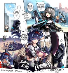 Rule 34 | 0 0, 1boy, 1other, 3girls, animal ears, arknights, arrow (projectile), black gloves, black jacket, blaze (arknights), blonde hair, blood, blue eyes, blue hair, bow (weapon), cat ears, chainsaw, commentary, copyright name, crossbow, doctor (arknights), english commentary, english text, feather hair, frying pan, gloves, green eyes, grey hair, greythroat (arknights), gummy (arknights), hair between eyes, hair ornament, hairband, hand guard, hitting, hm (hmongt), holding, hood, jacket, long hair, long sleeves, meme, multiple girls, open mouth, radio, red hairband, shirt, short hair, sound effects, speech bubble, tail, very long hair, weapon, white shirt, yamcha pose (meme)