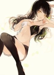 Rule 34 | 1girl, :o, armpits, bad id, bad tumblr id, bare arms, bare shoulders, bikini, bikini top only, black hair, black thighhighs, blush, breasts, brown eyes, collarbone, groin, hand on own chest, long hair, looking at viewer, lpip, midriff, multicolored bikini, multicolored clothes, navel, open mouth, original, over-kneehighs, shorts, simple background, small breasts, solo, stomach, swimsuit, thighhighs, thighs, yellow background