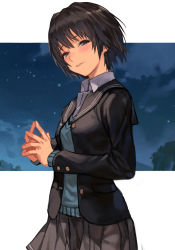 Rule 34 | 1girl, amagami, black jacket, black sailor collar, blue sweater, blush, brown eyes, brown skirt, character request, head tilt, hungry clicker, jacket, long sleeves, looking at viewer, own hands together, parted lips, pleated skirt, sailor collar, skirt, smile, solo, sweater, sweater vest