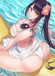 Rule 34 | 1girl, ass, azur lane, bikini, black hair, blunt bangs, breasts, cleavage, closed mouth, flower, from above, hair flower, hair ornament, hiei (azur lane), highres, inflatable raft, large breasts, lips, long hair, looking at viewer, ootani nonno, ponytail, sidelocks, sitting, smile, solo, swimsuit, swimsuit skirt, thick thighs, thighs, water, white bikini, yellow eyes