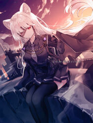 Rule 34 | 1girl, absurdres, animal ear fluff, animal ears, bandage over one eye, black jacket, black shirt, black thighhighs, breasts, building, cityscape, cloud, cloudy sky, collared shirt, commentary, commission, english text, highres, jacket, jewelry, ledge, long hair, looking at viewer, medium breasts, miyu (miy u1308), necktie, night, night sky, original, outdoors, red eyes, shirt, sitting, skirt, sky, skyscraper, solo, sunset, thighhighs, very long hair, white hair, white necktie