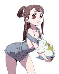 Rule 34 | 10s, 1girl, alternate costume, arched back, bare legs, bare shoulders, blunt bangs, breasts, brown hair, cleavage, collarbone, cropped legs, eyelashes, from side, kagari atsuko, leaning forward, legs, little witch academia, long hair, looking at viewer, naked overalls, navel, overalls, parted lips, red eyes, sidelocks, simple background, small breasts, smile, solo, strap slip, stuffed animal, stuffed toy, suspenders, uganda (ugandam 00), white background