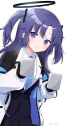 Rule 34 | 1girl, black gloves, black skirt, blue archive, blue necktie, blush, closed mouth, collared shirt, cup, formal, gloves, halo, highres, holding, holding cup, ica, id card, long hair, long sleeves, looking at viewer, mechanical halo, necktie, pleated skirt, purple eyes, purple hair, shirt, simple background, skirt, smile, solo, suit, two side up, white background, white shirt, yuuka (blue archive)