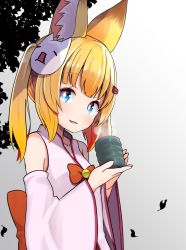 Rule 34 | 1girl, animal ear fluff, animal ears, bare shoulders, bell, blonde hair, blue eyes, blush, bow, cup, fingernails, fox ears, hair ornament, hairclip, head tilt, holding, holding cup, jingle bell, kemomimi oukoku kokuei housou, long hair, long sleeves, looking at viewer, mask, mask on head, mikoko (kemomimi oukoku kokuei housou), parted lips, red bow, shipii (jigglypuff), sidelocks, smile, solo, steam, twintails, virtual youtuber, wide sleeves, yunomi