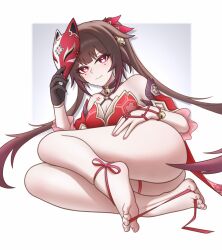 Rule 34 | 1girl, absurdres, ass, bare shoulders, barefoot, bell, between toes, breasts, brown hair, chinese commentary, cleavage, closed mouth, commentary request, feet, fox mask, frilled sleeves, frills, full body, gradient hair, hair bell, hair ornament, hand on own thigh, hand up, highres, holding, honkai: star rail, honkai (series), legs, long hair, looking at viewer, lying, making-of available, mask, mask on head, medium breasts, multicolored hair, nail polish, neck bell, on side, pink nails, red eyes, red ribbon, ribbon, silver bullet (yhq811), skindentation, smile, solo, sparkle (honkai: star rail), symbol-shaped pupils, thighs, toenail polish, toenails, toes, twintails, very long hair
