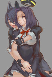 Rule 34 | 10s, 2girls, breasts, cardigan, carrying, closed eyes, dress, eyepatch, fingerless gloves, gloves, grey background, hair intakes, halo, hand on another&#039;s chest, headgear, kantai collection, large breasts, long sleeves, madari, mechanical halo, multiple girls, neck ribbon, one eye closed, open mouth, parted lips, piggyback, purple eyes, purple hair, ribbon, short dress, short hair, short sleeves, simple background, sleeve rolled up, smile, tatsuta (kancolle), tenryuu (kancolle), upper body