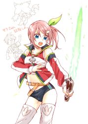 Rule 34 | 1girl, allen (tales), bare shoulders, blue eyes, detached sleeves, hair ornament, jacket, lippi (tales), midriff, namco, open mouth, pink hair, sara (tales), short shorts, shorts, side ponytail, sword, tales of (series), tales of link, thighhighs, weapon