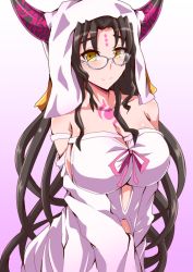Rule 34 | 10s, 1girl, bare shoulders, bespectacled, black hair, blush, breasts, cleavage, closed mouth, clothing cutout, collarbone, cowboy shot, detached sleeves, dress, facial mark, fate/extra, fate/extra ccc, fate/grand order, fate (series), forehead mark, glasses, horns, ikue fuuji, large breasts, long hair, long sleeves, looking at viewer, navel cutout, sessyoin kiara, sideboob, grey-framed eyewear, smile, solo, tattoo, v arms, veil, very long hair, white dress, yellow eyes