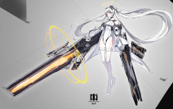 Rule 34 | 1girl, absurdly long hair, absurdres, bare shoulders, coat, commentary request, dual wielding, full body, girls&#039; frontline, grey background, gun, halo, highres, holding, holding gun, holding weapon, huge weapon, leotard, long hair, mole, mole under eye, original, science fiction, solo, thighhighs, trigger discipline, twintails, two-tone background, very long hair, weapon, white eyes, white hair, white leotard, white thighhighs, xin (1844210356)
