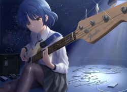 Rule 34 | 1girl, absurdres, bass guitar, black ribbon, black skirt, blue hair, bocchi the rock!, cable, closed mouth, collared shirt, effects pedal, highres, hoshino nasubi, instrument, looking at viewer, mole, mole under eye, music, neck ribbon, pantyhose, playing instrument, pleated skirt, ribbon, school uniform, shirt, shirt tucked in, short hair, sitting, skirt, sky, smile, solo, star (sky), starry sky, white shirt, yamada ryo, yellow eyes