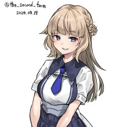 Rule 34 | 1girl, blonde hair, blue eyes, blue necktie, blue skirt, dress, hair bun, holly dainikeitai, kantai collection, long hair, looking at viewer, necktie, open mouth, ranger (kancolle), shirt, short sleeves, simple background, skirt, smile, solo, upper body, white background, white dress, white shirt