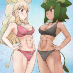 Rule 34 | &gt;:(, &gt;:), 10s, 2girls, abs, animal ears, armpits, aurochs (kemono friends), bare arms, bare shoulders, black bra, black panties, blonde hair, bra, breasts, brown eyes, closed mouth, collarbone, commentary, commentary request, cowboy shot, dark-skinned female, dark skin, drill hair, empty eyes, extra ears, eye contact, face-to-face, gazelle ears, gazelle tail, green hair, grey eyes, hair between eyes, hand on own hip, hip focus, horns, kemono friends, long hair, looking at another, medium breasts, medium hair, multiple girls, muscular, muscular female, navel, panties, pink bra, pink panties, rhinoceros ears, rhinoceros tail, shiny skin, sidelocks, sports bra, standing, stomach, t jiroo (ringofriend), tail, toned, underwear, underwear only, v-shaped eyebrows, white rhinoceros (kemono friends)