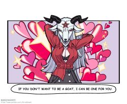 Rule 34 | 1girl, baphomet (grizz), black bra, bra, breasts, buttons, cleavage, collared shirt, commentary, cowboy shot, double-breasted, english commentary, english text, goat horns, grizz, hands in hair, heart, helltaker, highres, horns, korean commentary, large breasts, long hair, mixed-language commentary, red eyes, red shirt, shirt, solo, sparkle, underwear, vanripper (style), watermark, web address