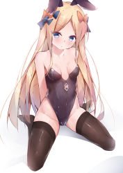 Rule 34 | 1girl, abigail williams (fate), animal ears, arms behind back, bare shoulders, black leotard, black thighhighs, blonde hair, blue eyes, bow, breasts, breasts apart, cameltoe, collarbone, commentary request, eyes visible through hair, fake animal ears, fate/grand order, fate (series), full body, hair bow, highleg, highleg leotard, highres, leotard, long hair, looking at viewer, no shoes, orange bow, parted lips, playboy bunny, rabbit ears, rabbit girl, simple background, sitting, small breasts, solo, spread legs, thighhighs, twiska (doubitian), very long hair, wariza, white background