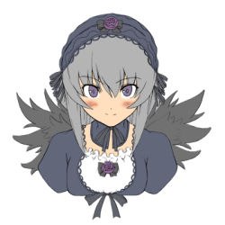 Rule 34 | 00s, 1girl, black wings, blush, detached collar, flower, gothic lolita, grey hair, hairband, jingai modoki, lolita fashion, lolita hairband, long hair, looking at viewer, lowres, purple eyes, rose, rozen maiden, simple background, smile, solo, suigintou, upper body, white background, wings