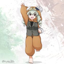 Rule 34 | 1girl, anchovy (girls und panzer), animal costume, anzio military uniform, arm up, bandages, barefoot, bear costume, black necktie, boko (girls und panzer), brown eyes, commentary, drill hair, eyepatch, girls und panzer, girls und panzer senshadou daisakusen!, green hair, grey jacket, jacket, long hair, long sleeves, looking at viewer, medical eyepatch, necktie, onesie, open mouth, orc peon 7503, pajamas, raised fist, smile, solo, standing, standing on one leg, twin drills, twintails, twitter username