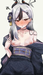 Rule 34 | 1girl, black kimono, blue archive, blush, breasts, choker, collarbone, cross, earclip, earrings, hair ornament, hair ribbon, hairclip, halo, highres, japanese clothes, jewelry, kayoko (blue archive), kayoko (new year) (blue archive), kimono, long hair, looking at viewer, machismo fuji, mole, mole on collarbone, nipples, obi, off shoulder, official alternate costume, red eyes, ribbon, sash, small breasts, solo, sweat, yukata