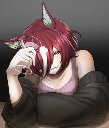 Rule 34 | 1girl, absurdres, animal ears, bare shoulders, black jacket, cocktail glass, commentary request, cup, drinking glass, ear ornament, eyepatch, gradient background, hair over one eye, highres, holding, holding cup, horse ears, horse girl, jacket, jacket partially removed, janome de omukae, long sleeves, looking at viewer, multicolored hair, official alternate costume, open mouth, purple tank top, short hair, simple background, smile, solo, streaked hair, table, tanino gimlet (umamusume), tank top, umamusume, white hair, yellow eyes