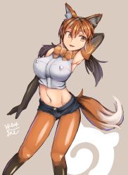 Rule 34 | 10s, 1girl, animal ears, artist name, bow, brown background, brown hair, fang, fox ears, fox tail, fur trim, gloves, hibax-fre, highres, japari symbol, kemono friends, long hair, low twintails, maned wolf (kemono friends), midriff, multicolored hair, navel, open mouth, orange hair, pantyhose, simple background, solo, tail, twintails, two-tone hair, wolf ears, wolf tail, yellow eyes