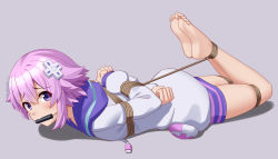 Rule 34 | 1girl, absurdres, bare legs, barefoot, bdsm, bondage, bound, bound arms, commission, d-pad, d-pad hair ornament, feet, gagged, hair between eyes, hair ornament, highres, looking at another, neptune (neptunia), neptune (series), no shoes, parka, purple eyes, purple hair, restrained, rope, short hair, sidelocks, simple background, soles, solo, toes, wo cao xiao