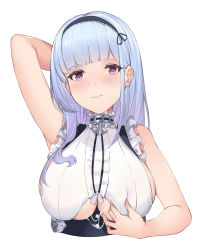 Rule 34 | 1girl, 3:, absurdres, after paizuri, arm behind head, arm up, armpits, azur lane, bare shoulders, black hairband, blunt bangs, blush, breasts, center frills, clothing cutout, cropped torso, cum, cum on body, cum on breasts, cum on upper body, dido (azur lane), frills, frown, hairband, highres, large breasts, long hair, looking at viewer, pak ce, purple eyes, shirt, silver hair, simple background, sleeveless, sleeveless shirt, solo, underboob, underboob cutout, upper body, white background, white shirt