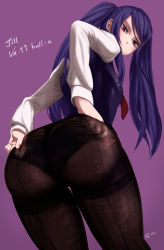 Rule 34 | 1girl, absurdres, adjusting clothes, adjusting legwear, ass, ass focus, bartender, black panties, black pantyhose, commentary, dress shirt, dressing, english commentary, from behind, highres, jill stingray, kuri (tastykuri), long hair, looking back, no pants, panties, panties under pantyhose, pantyhose, purple background, purple hair, red eyes, shirt, solo, standing, thighband pantyhose, twintails, underwear, va-11 hall-a, vest