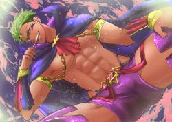 Rule 34 | 1boy, abs, alternate costume, biting, bulge, dark-skinned male, dark skin, fingernails, green hair, hand on own thigh, king of prism, king of prism by prettyrhythm, looking at viewer, male focus, orange eyes, pretty rhythm, pretty series, purple eyes, sharp fingernails, smile, solo, spread legs, topless male, toroi (run01211), yamato alexander