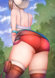 Rule 34 | 1girl, ass, atelier (series), atelier ryza, back, backless outfit, bare shoulders, belt, boots, breasts, brown hair, contllenge, flask, from behind, hat, highres, huge ass, medium breasts, red shorts, reisalin stout, round-bottom flask, shiny clothes, shiny skin, short hair, shorts, sideboob, solo, standing, thick thighs, thigh boots, thighhighs, thighs, wide hips