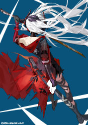 Rule 34 | 1girl, absurdres, back, bandaged leg, bandages, boots, from above, from behind, full body, gohanduck, highres, jacket, long hair, looking down, lucia: crimson abyss (punishing: gray raven), mechanical arms, punishing: gray raven, scar, solo, sword, torn clothes, torn jacket, weapon, white hair