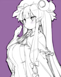 Rule 34 | 1girl, bad id, bad pixiv id, bow, breasts, crescent, crescent hair ornament, frown, hair bow, hair ornament, hat, large breasts, light frown, long hair, low-tied long hair, mob cap, monochrome, patchouli knowledge, purple theme, salamander (hop-step), sketch, solo, touhou, very long hair
