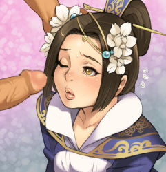 Rule 34 | 1girl, bad id, bad pixiv id, blush, brown eyes, brown hair, cai wenji, cai wenji (shin sangoku musou), censored, chinese clothes, erection, flower, hair flower, hair ornament, hair stick, half updo, hand on another&#039;s face, lips, long hair, maou alba, mosaic censoring, nose, one eye closed, penis, pointless censoring, sangokushi taisen, shin sangoku musou, solo focus, sweatdrop, tears, wince
