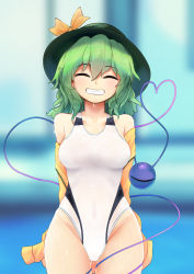 Rule 34 | 1girl, ^ ^, arms behind back, bare shoulders, bow, breasts, closed eyes, collarbone, covered navel, cowboy shot, dripping, eyeball, facing viewer, gluteal fold, green hair, grin, groin, hair between eyes, hat, hat bow, heart, heart of string, highleg, highleg swimsuit, highres, komeiji koishi, long sleeves, medium breasts, medium hair, nama shirasu, off shoulder, one-piece swimsuit, see-through, smile, solo, string, swimsuit, third eye, touhou, water, wet, wet clothes, wet face, wet swimsuit