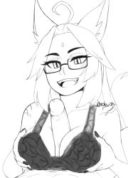 Rule 34 | 1boy, 1girl, :d, absurdres, ahoge, animal ears, artist name, blush, bra, breasts, cat ears, collarbone, commentary, commission, fangs, fingernails, glasses, greyscale, highres, large breasts, monochrome, open mouth, original, paizuri, penis, rob ishi, sketch, slit pupils, smile, solo focus, teeth, uncensored, underwear, upper teeth only