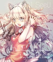 Rule 34 | 1girl, animal ears, blonde hair, blue eyes, blunt bangs, breasts, cat ears, character name, dress, english text, headphones, highres, kitsune (ly howe), long hair, microphone, music, open mouth, seeu, sideboob, singing, sleeveless, sleeveless dress, small breasts, solo, studio microphone, text focus, twitter username, two side up, vocaloid