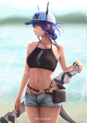 Rule 34 | 1girl, absurdres, arknights, artist name, bare arms, bare shoulders, baseball cap, belt, bikini, black bikini, blue hair, blurry, blurry background, breasts, ch&#039;en (arknights), ch'en (arknights), commentary, cowboy shot, dragon horns, dragon tail, female tourist c (arknights), grey shorts, hat, heart, highleg, highleg bikini, highres, horns, horns through headwear, long hair, looking to the side, medium breasts, navel, official alternate costume, outdoors, patrickj1703, pouch, profile, red eyes, short shorts, shorts, solo, standing, stomach, swimsuit, tail, thighs