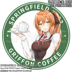 Rule 34 | 1girl, apron, artist request, bad id, bad pixiv id, blush, bow, bowtie, chinese commentary, commentary request, cup, english text, girls&#039; frontline, green eyes, logo parody, orange hair, sample watermark, solo, springfield (girls&#039; frontline), starbucks, teacup, teapot, tray, waitress, watermark