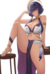 Rule 34 | 1girl, absurdres, bare shoulders, blue eyes, blue hair, blue skirt, breasts, candace (genshin impact), cleavage, dark-skinned female, dark skin, genshin impact, gold trim, hair ornament, hairband, halterneck, heterochromia, high heels, highres, jewelry, knee up, large breasts, long hair, looking at viewer, navel, neck ring, paid reward available, pelvic curtain, sash, sidelocks, skirt, solo, spread legs, stool, thighs, ultra-13, yellow eyes