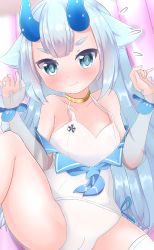 Rule 34 | 1girl, absurdres, azur lane, blue eyes, blue hair, blush, breasts, collarbone, commentary request, fang, highres, horns, hoshino (s22), i-13 (azur lane), long hair, looking at viewer, oni horns, outstretched arms, pink background, small breasts, solo, spread arms, spread legs, swimsuit, thick eyebrows