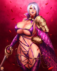Rule 34 | 1girl, arm behind back, armor, breasts, choker, cleavage, cosplay, cowboy shot, crossover, female focus, fingerless gloves, garter straps, gauntlets, gloves, highres, holding, holding weapon, huge breasts, isabella valentine, isabella valentine (cosplay), jewelry, large breasts, league of legends, looking at viewer, pauldrons, rapier, revealing clothes, shoulder armor, sideboob, single gauntlet, solo, soul calibur, soulcalibur, soulcalibur iv, standing, svoidist, sword, thigh strap, thighs, underboob, weapon