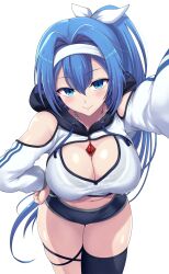 Rule 34 | 1girl, absurdres, alyssa (specktech), blue eyes, blue hair, blush, breasts, cleavage, commentary request, commission, highres, jewelry, kabedon, kasai shin, large breasts, long hair, looking at viewer, necklace, original, pixiv commission, ponytail, pov, simple background, smile, solo, sports bra, sportswear, thick thighs, thigh strap, thighhighs, thighs, white background