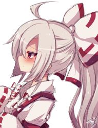 Rule 34 | 1girl, ahoge, blush, bow, closed mouth, collared shirt, commentary request, fujiwara no mokou, hair between eyes, hair bow, highres, long hair, long sleeves, looking away, muuran, ponytail, profile, red eyes, ribbon-trimmed sleeves, ribbon trim, shirt, sidelocks, signature, silver hair, simple background, sketch, sleeves past wrists, solo, suspenders, touhou, very long hair, white background, white bow, white shirt, wide sleeves