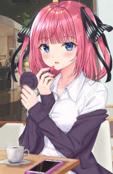 Rule 34 | 1girl, absurdres, applying makeup, black ribbon, blue eyes, blunt bangs, blush, breasts, butterfly hair ornament, cafe, cardigan, cellphone, cleavage, collarbone, cup, go-toubun no hanayome, hair ornament, highres, holding, holding mirror, indoors, large breasts, lipstick, looking at viewer, makeup, mirror, nakano nino, off shoulder, open cardigan, open clothes, parted lips, phone, pink hair, purple cardigan, rain sunny, raised eyebrows, ribbon, shirt, sleeves past wrists, smartphone, table, twintails, white shirt