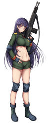 Rule 34 | 1girl, abs, absurdres, assault rifle, blue footwear, blue gloves, blue hair, blunt bangs, boots, breasts, closed mouth, copyright request, cropped jacket, elbow pads, fingerless gloves, full body, glasses, gloves, green jacket, green shorts, groin, gun, hand on own hip, highres, holding, holding gun, holding weapon, impossible clothes, jacket, knee pads, large breasts, long hair, long sleeves, looking at viewer, nagioka, navel, pink eyes, rifle, semi-rimless eyewear, shorts, simple background, smile, solo, toned, trigger discipline, under-rim eyewear, weapon, white background