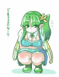 Rule 34 | 1girl, bow, breasts, cleavage, daiyousei, dress, green eyes, green hair, hekoningyou (waraningyou), looking at viewer, matching hair/eyes, ribbon, short hair, shouningyou, side ponytail, smile, solo, squatting, text focus, touhou, translation request, wings