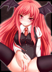 Rule 34 | 1girl, bat wings, black thighhighs, bottomless, censored, embodiment of scarlet devil, female focus, furaido, head wings, highres, koakuma, long hair, navel, necktie, pussy, red eyes, red hair, red necktie, smile, solo, spread legs, spread pussy, thighhighs, touhou, wings
