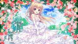 Rule 34 | 1girl, bare shoulders, blue eyes, blue sky, breasts, bridal garter, bride, cleavage, cloud, cloudy sky, day, dot nose, dress, earrings, elbow gloves, film grain, flower, fountain, game cg, gazebo, gloves, holding, holding clothes, holding skirt, itsumura haruka, izumi tsubasu, jewelry, layered skirt, lens flare, light brown hair, long hair, medium breasts, necklace, non-circular lens flare, non-web source, official art, open mouth, orange flower, orange rose, petals, pink flower, pink rose, re:stage!, red flower, red rose, rose, rose petals, skirt, sky, sleeveless, sleeveless dress, smile, solo, sparkle, strapless, strapless dress, tiara, wedding, wedding dress, white gloves, white skirt