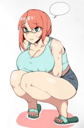 Rule 34 | 1girl, bad id, bad pixiv id, breasts, denim, denim shorts, covered erect nipples, flip-flops, glasses, green eyes, large breasts, long hair, original, puffy nipples, red hair, sandals, shadow, shorts, solo, speech bubble, squatting, sweat, tank top, thick thighs, thighs, urec